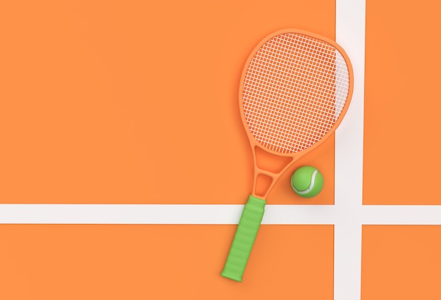 Raquette de tennis d'équipement de sport de rendu 3D avec une balle sur fond orange.