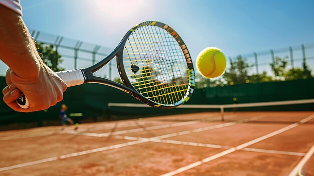 Photo la raquette de tennis est prête à frapper la balle jaune