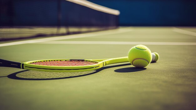 Une raquette de tennis en gros plan sur la balle