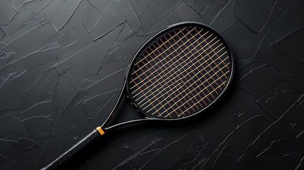 Photo raquette de tennis noire et jaune sur un fond texturé noir vue supérieure