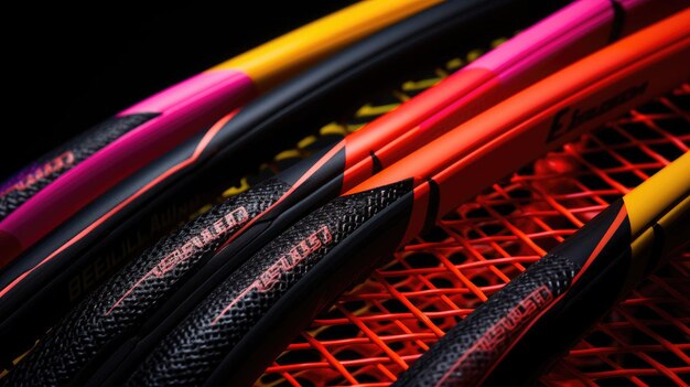 Photo des raquettes de badminton vibrantes avec des détails de texture aiguës avec un ruban de prise coloré