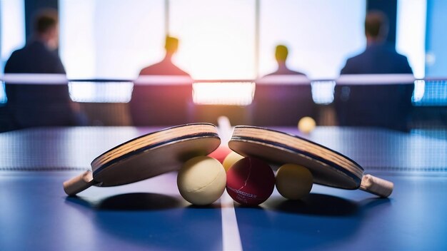 Photo raquettes de ping-pong et balles sur une table de jeu avec un filet