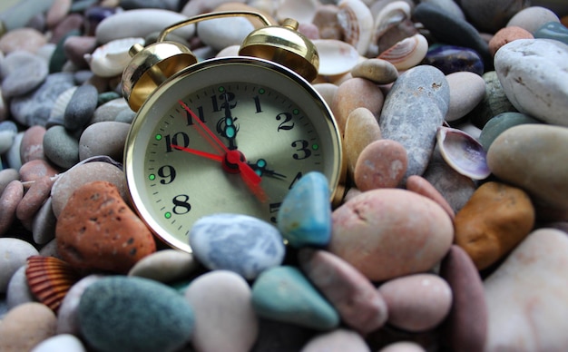 Rare horloge à cloches parsemées de petits galets au bord de la mer