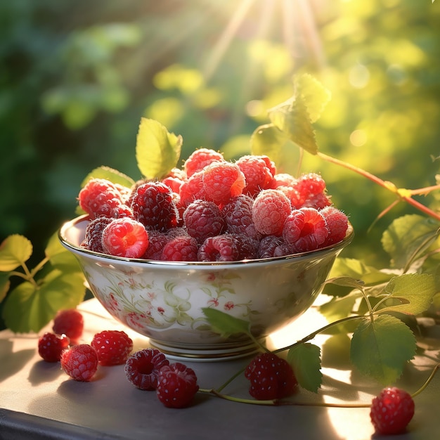 Raspberry dans un bol sur fond de jardin IA générative