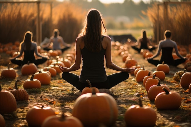 Un rassemblement d'amis au milieu d'un champ de citrouilles abondantes