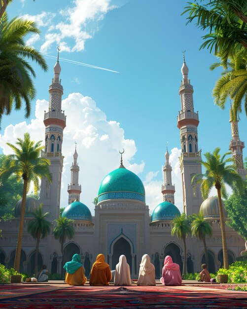 rassemblement de la famille devant la mosquée