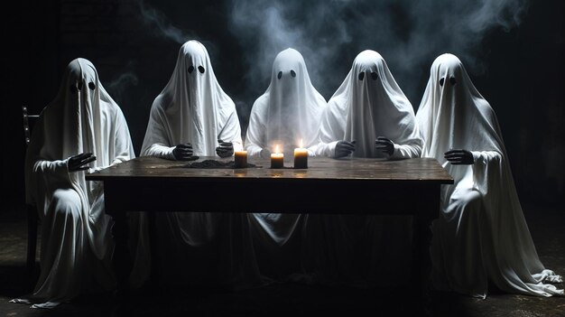 rassemblement de fantômes énigmatique de personnages drapés de draps blancs engagés dans un banquet aux bougies