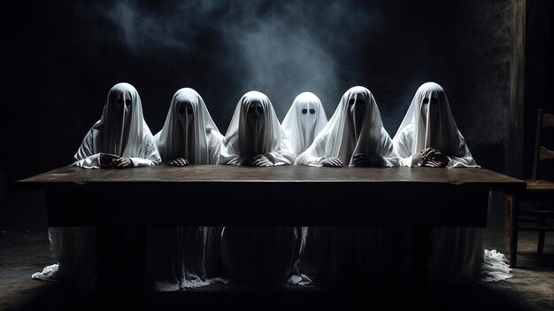 rassemblement de fantômes énigmatique de personnages drapés de draps blancs engagés dans un banquet aux bougies