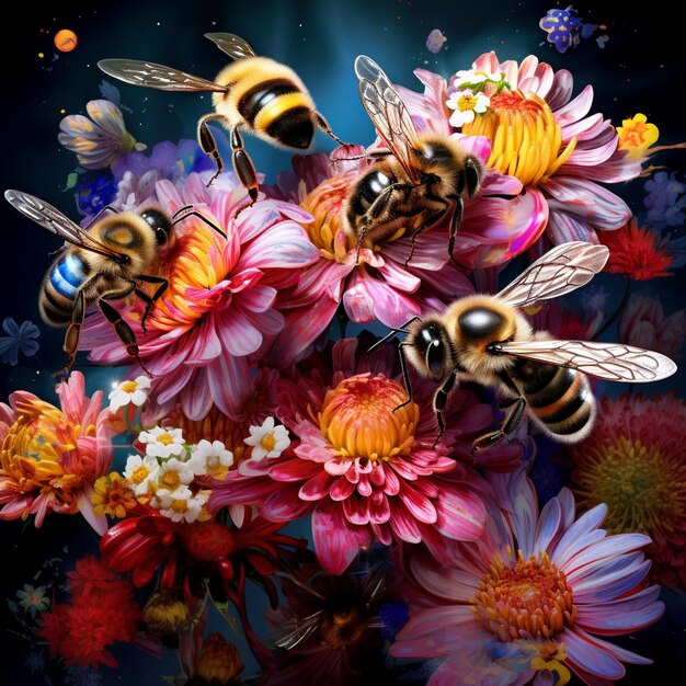 Photo rassemblement floral macro shot d'abeilles collectant le pollen d'un champ de fleurs sauvages