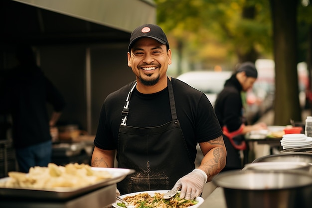 Un rassemblement de food trucks mexicains avec des vendeurs servant des tacos burritos et des quesadillas