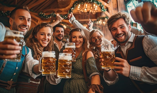 Un rassemblement joyeux d'amis célébrant avec des verres de bière