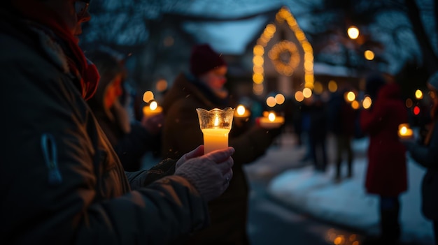 Un rassemblement de personnes tenant des bougies pendant une veillée aux bougies devant une église