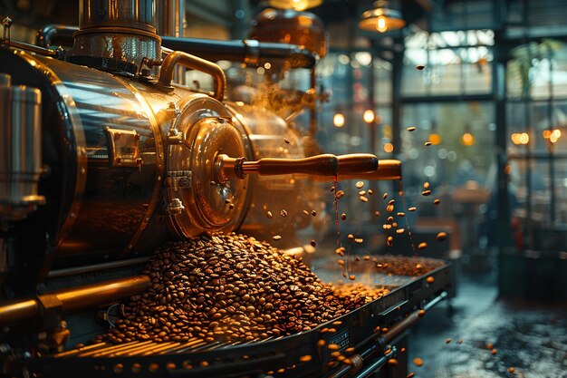 Rasteur de café industriel avec grains et équipement en mouvement