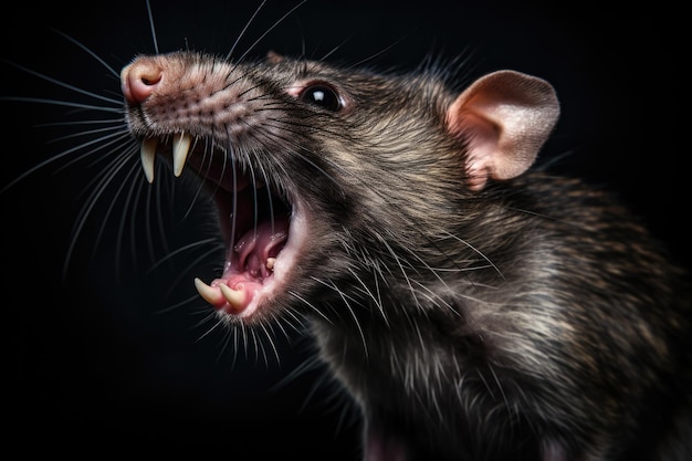 Rat agressif sur fond sombre Les rongeurs sont porteurs de maladies Souris dangereuse avec bouche hargneuse