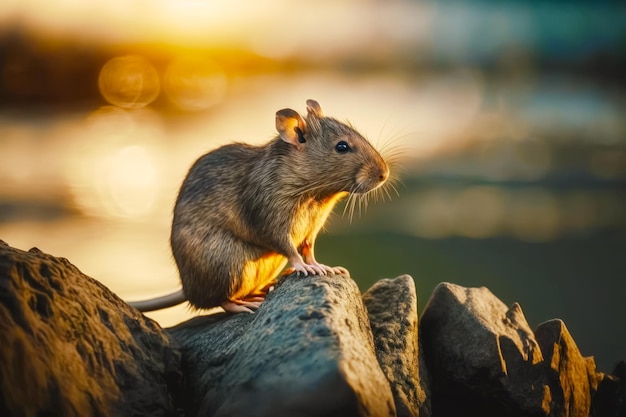 Rat assis sur un rocher à côté d'un plan d'eau AI générative