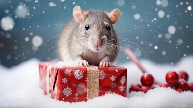 Un rat avec une boîte à cadeaux dans la neige