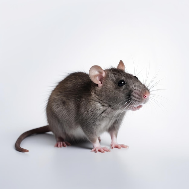 Un rat brun avec un fond blanc et un visage noir.