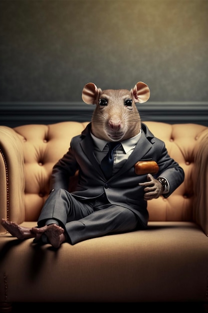 Rat en costume assis sur un canapé générative ai