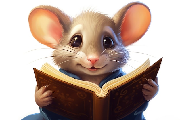 Photo rat de dessin animé mignon avec des lunettes en lisant un livre