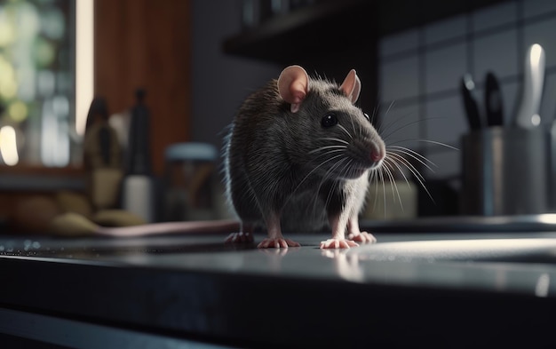 Photo un rat domestique ou une souris sur un fond de cuisine généré par ai
