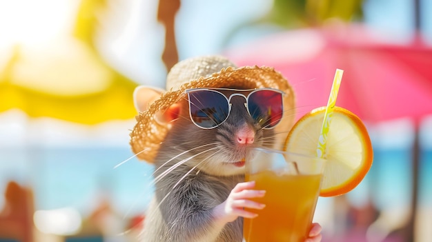 Un rat drôle avec un cocktail pendant les vacances d'été.