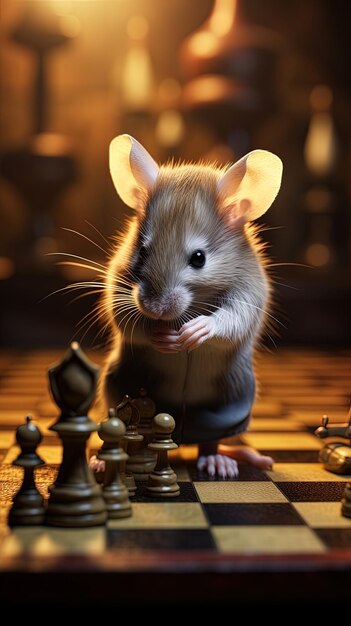 Photo un rat sur un échiquier avec une pièce d'échecs en arrière-plan