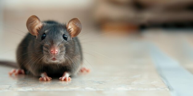 Un rat est assis sur un sol en carreaux et regarde curieusement directement la caméra.