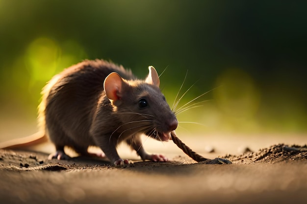 Un rat avec une ficelle dans la bouche