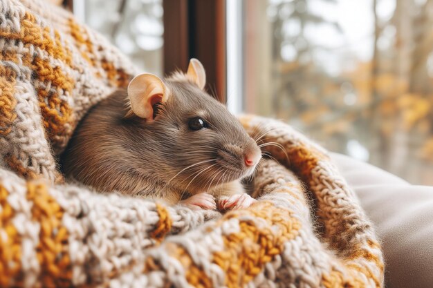 Un rat gris dans une couverture à la maison.