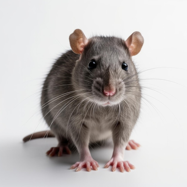 Un rat gris avec un visage brun et de longues moustaches.