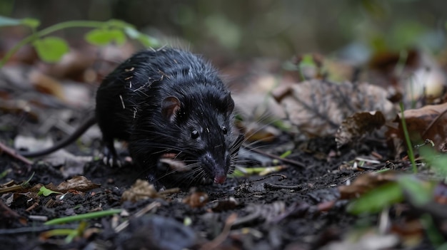 Le rat noir sauvage se nourrit dans le sous-bois de la forêt au crépuscule