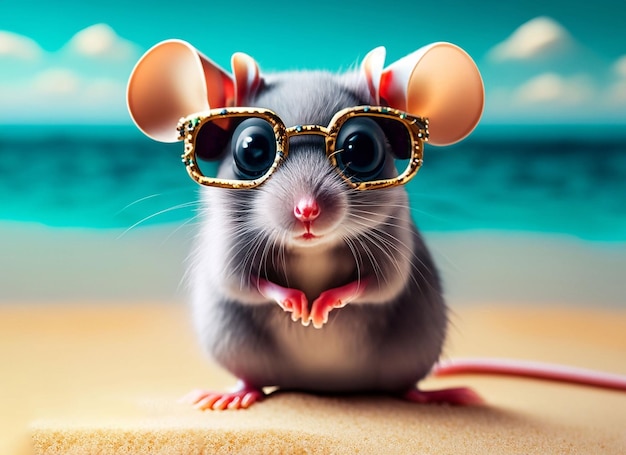 rat sur une plage de sable avec des lunettes au bord de la mer Generative AI