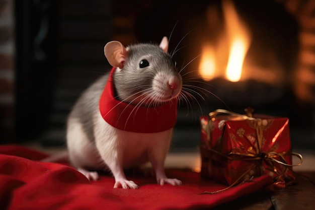 Rat portant un costume rouge tenant un sac de cadeaux et debout devant une cheminée IA générative