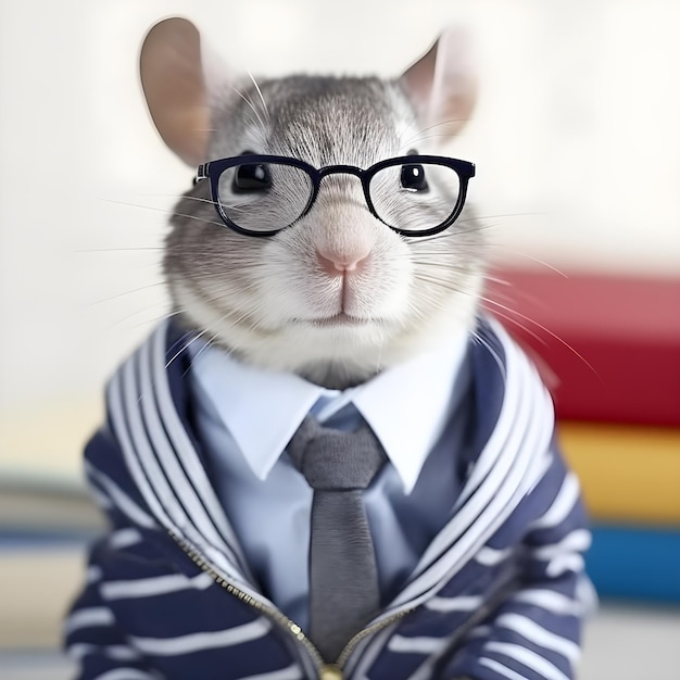 Photo un rat portant une veste et des lunettes porte une veste avec le mot rat dessus.