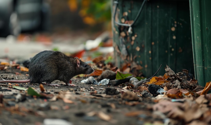 Photo un rat à la recherche de nourriture près d'une poubelle verte entourée de feuilles et de litière sur le sol