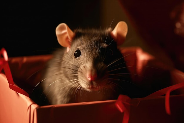 Rat scrutant l'intérieur d'une boîte cadeau de Noël IA générative