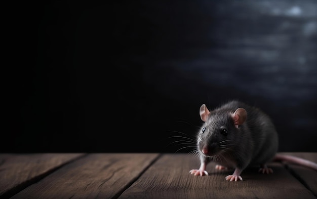 Un rat sur une table en bois devant un fond sombre