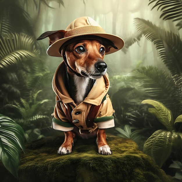 Un rat terrier brun déguisé en explorateur de jungle Art numérique généré par l'IA