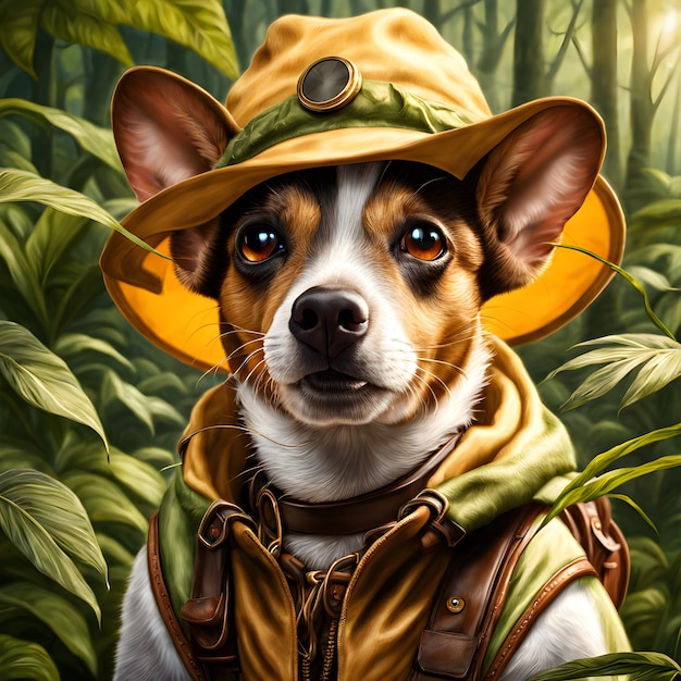 Le rat terrier brun est habillé comme un explorateur de la jungle avec un chapeau de safari et des jumelles.