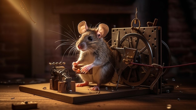 Photo le rat et la vieille valise sur la table le rat est assis sur une table en bois