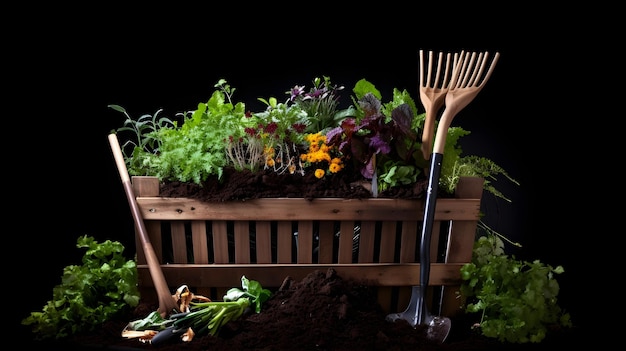 Photo râteau et bac à compost pour un jardinage écologique