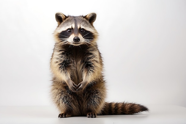 un raton laveur assis sur un fond blanc avec un visage qui dit raccoon