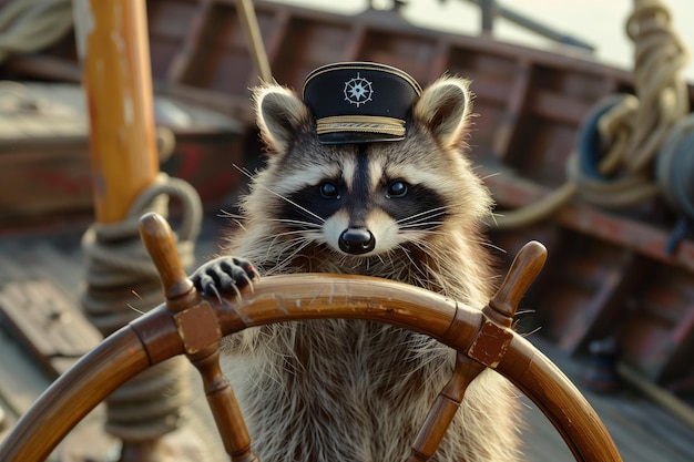 Un raton laveur avec un chapeau de capitaine tenant la roue d'un bateau