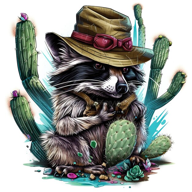 Un raton laveur avec un chapeau et une image générative de cactus AI