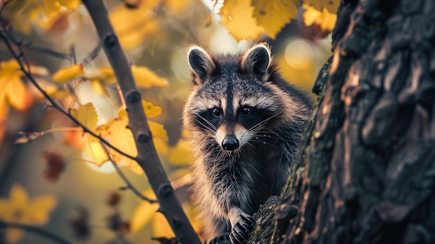 Le raton laveur curieux regarde derrière les feuilles