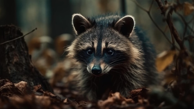 Un raton laveur dans les bois avec un fond de feuilles.