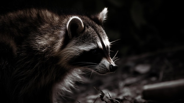 Un raton laveur dans le noir avec un fond noir.