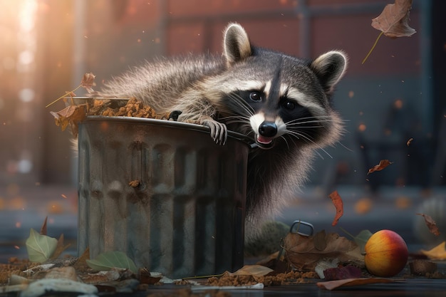 Le raton laveur dans la poubelle se penche la bouche ouverte en automne généré par l'IA