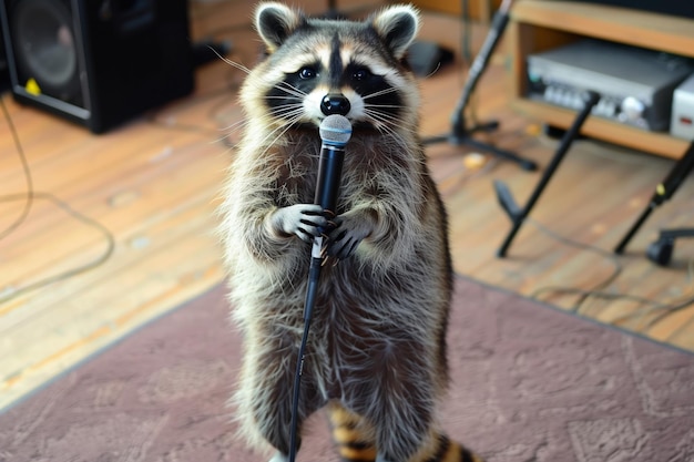 Photo un raton laveur debout sur ses pattes arrière tenant un microphone dans un studio