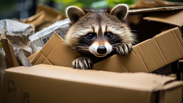 Un raton laveur détourne son regard d'une boîte en carton et regarde autour de lui avec curiosité.